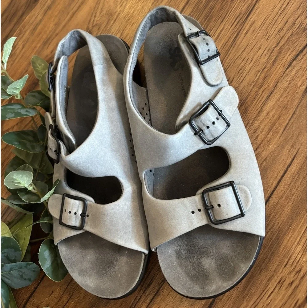 SAS Bravo Womens 10.5 M Sandals Shoes Leather Gray Strappy Comfort Walking